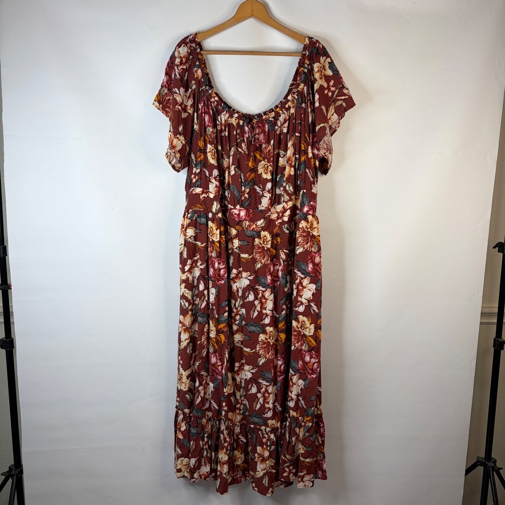 Torrid Maxi Dress Women 4 Burgundy Floral Boho Off Shoulder Ruffle Pocket - Picture 2 of 12